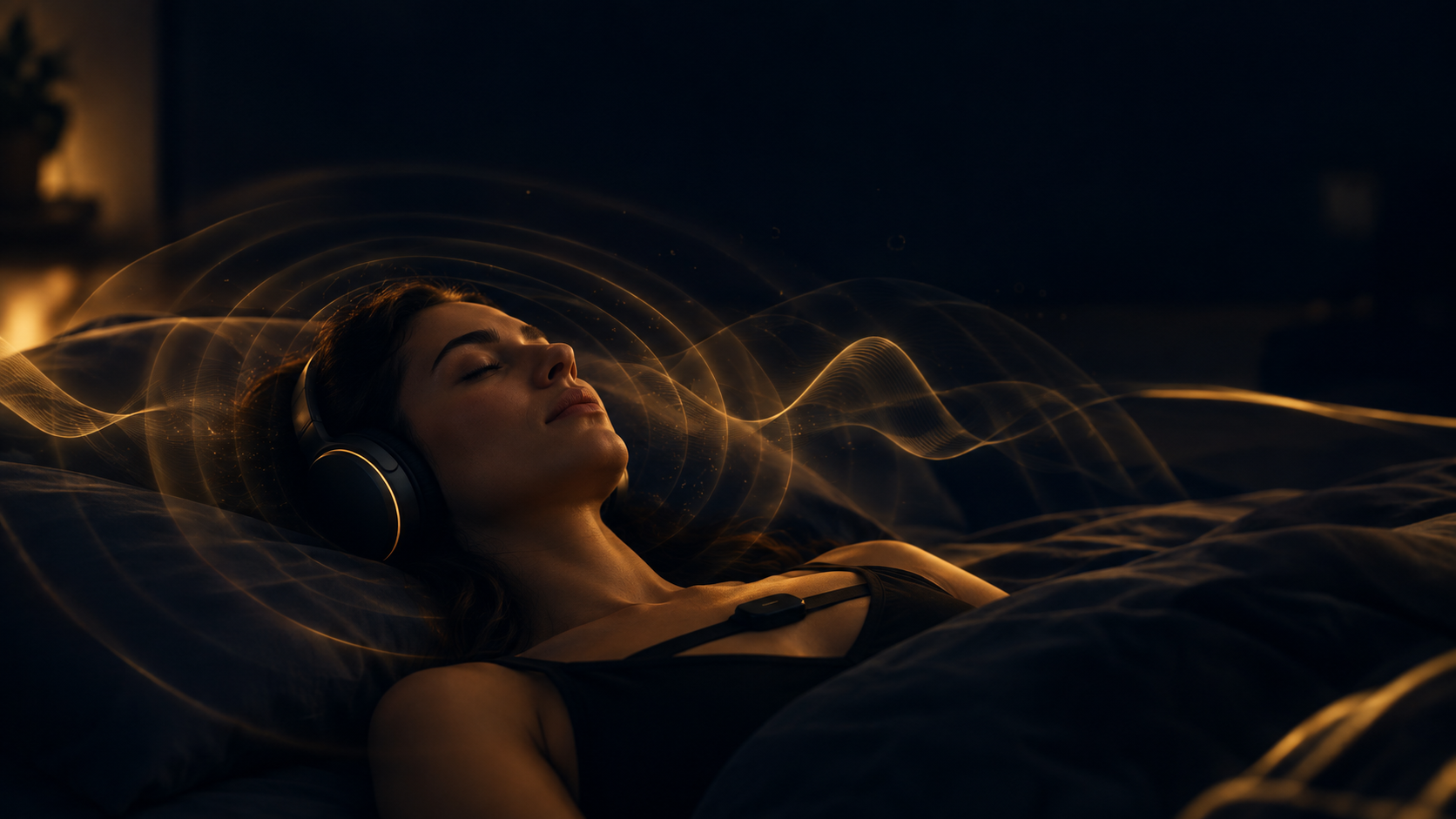 Person lying down wearing headphones and a Polar H10 chest strap, golden sound waves rippling through 3D space around their head