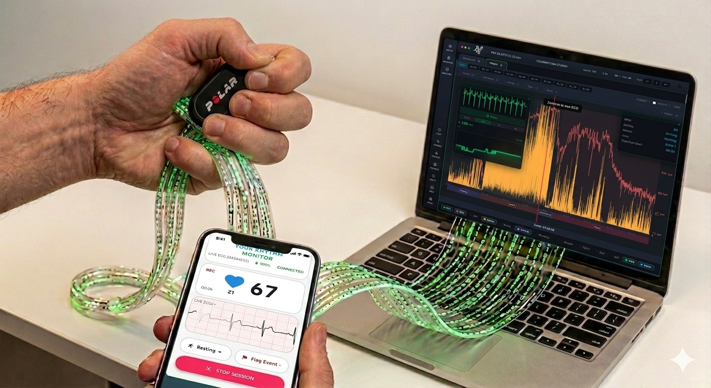 ECG data flowing from chest sensor to phone, then to desktop, tablet, or Chromebook