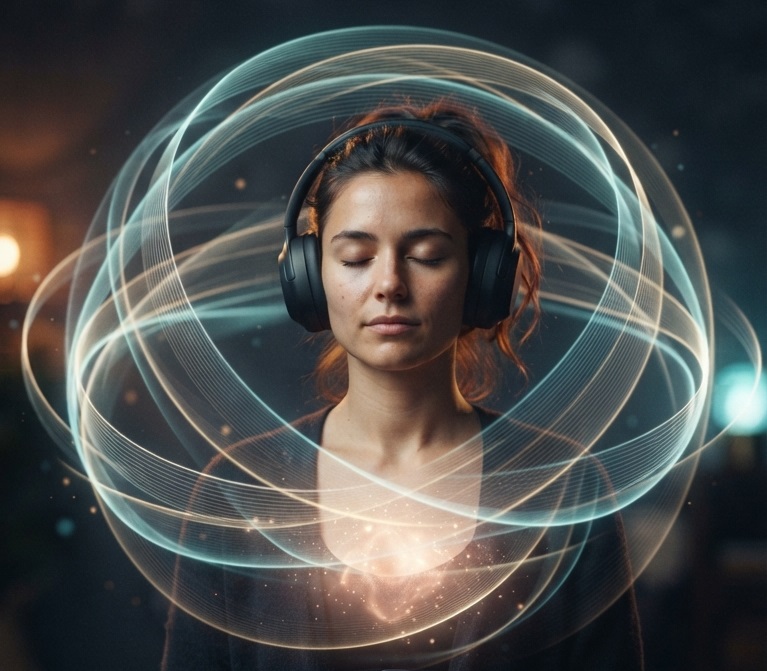Person meditating with headphones and a Polar H10 chest strap, a translucent sphere of spatial sound waves around their head